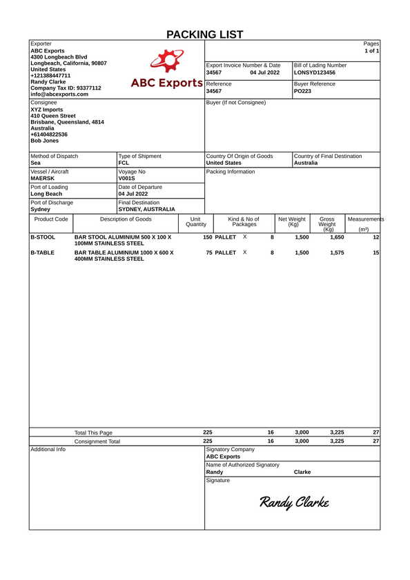 Packing list template